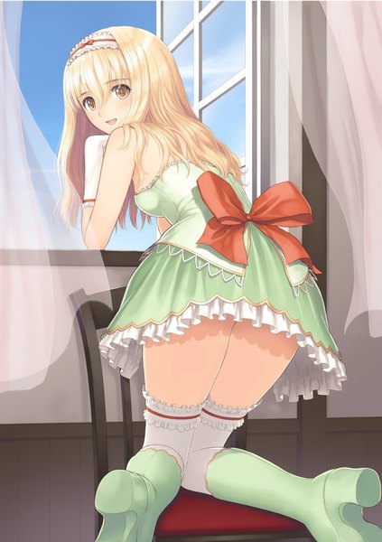 Anime picture 1283x1820 with shining (series) shining wind elmina (shining wind) tony taka single long hair tall image blush open mouth light erotic blonde hair yellow eyes indoors looking back scan official art kneeling cropped girl thighhighs