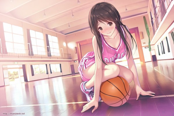Anime picture 900x600 with ilog kuki hitomi mana kakkowarai single long hair looking at viewer blush fringe breasts light erotic black hair brown eyes full body indoors arm support embarrassed reflection clothes writing girl uniform