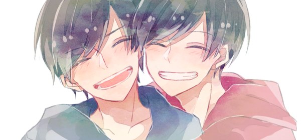 Anime picture 1500x700 with osomatsu-san matsuno osomatsu matsuno karamatsu omamon blush short hair open mouth black hair simple background wide image white background eyes closed multiple boys hug happy ^ ^ siblings brothers boy hood