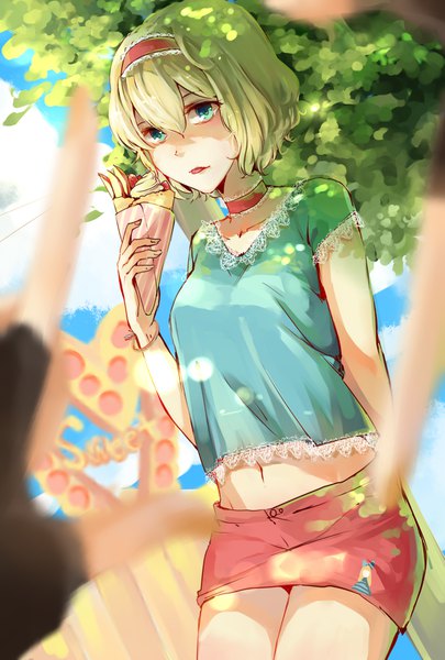 Anime picture 1181x1748 with touhou kirisame marisa alice margatroid aili (aliceandoz) tall image looking at viewer fringe short hair open mouth blue eyes blonde hair hair between eyes multiple girls holding blurry midriff depth of field alternate costume solo focus pov