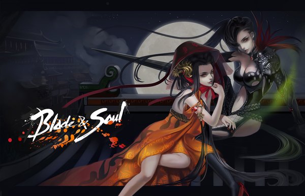 Anime picture 2048x1318 with blade & soul tagme (character) ran yu (blade and soul) long5009 long hair looking at viewer highres breasts light erotic black hair red eyes multiple girls cleavage bent knee (knees) ponytail lips realistic mole mole under eye piercing