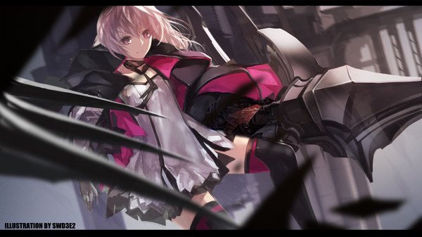 Anime picture 1322x743 with original pixiv fantasia pixiv fantasia fallen kings paradise (character) swd3e2 single looking at viewer wide image pink hair pink eyes light smile inscription letterboxed girl thighhighs dress gloves weapon short dress