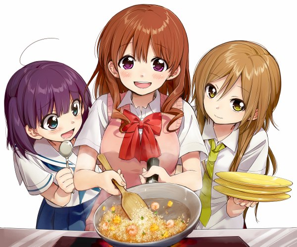 Anime picture 1200x1001 with koufuku graffiti shaft (studio) machiko ryou morino kirin shiina (koufuku graffiti) kawai makoto long hair blush fringe short hair open mouth simple background smile brown hair white background purple eyes multiple girls green eyes purple hair ahoge