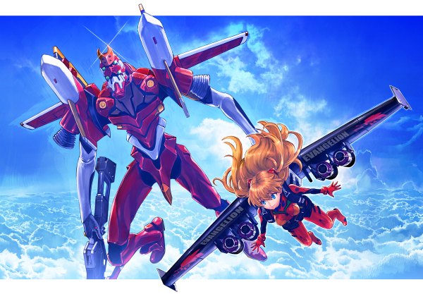 Anime picture 1200x848 with neon genesis evangelion gainax soryu asuka langley eva 02 boyaking(sbf) long hair blue eyes brown hair sky cloud (clouds) flying girl wings bodysuit pilot suit robot mecha