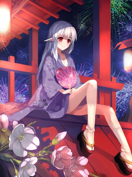 Anime picture 2480x3331 with original dotr single long hair tall image blush fringe highres smile red eyes sitting holding looking away bent knee (knees) white hair traditional clothes japanese clothes pointy ears night wide sleeves