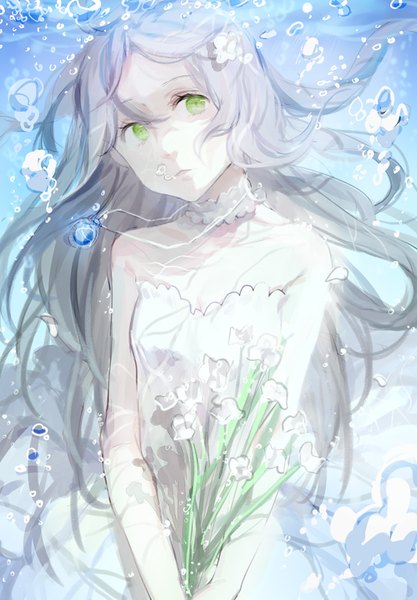 Anime picture 750x1079 with original rosele single long hair tall image bare shoulders green eyes looking away grey hair underwater girl dress flower (flowers) choker white dress pendant bubble (bubbles) bouquet