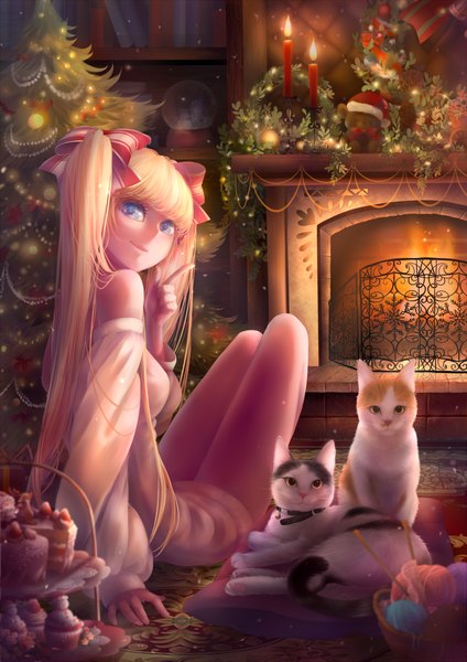 Anime picture 1343x1900 with original silentcity single long hair tall image looking at viewer blue eyes blonde hair twintails looking back christmas girl bow hair bow animal cat garland fireplace snow globe
