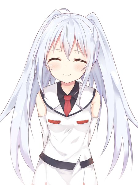 Anime picture 800x1066 with plastic memories isla (plastic memories) huwari (dnwls3010) single long hair tall image blush fringe simple background smile hair between eyes white background twintails silver hair ahoge eyes closed from above ^ ^ girl detached sleeves