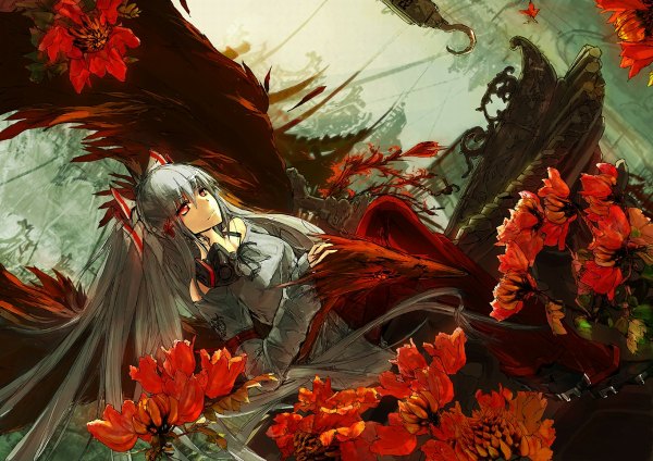 Anime picture 1200x848 with touhou fujiwara no mokou lowlight kirilenko single long hair red eyes sitting grey hair girl flower (flowers) bow hair bow shirt shoes pants