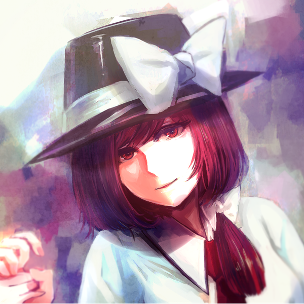 Anime picture 915x915 with touhou usami renko ibitsu single long hair looking at viewer fringe short hair red eyes red hair holding hands portrait asymmetrical hair girl bow hair bow hat necktie large bow hat ribbon