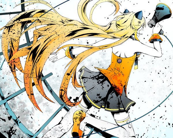 Anime picture 2000x1600 with vocaloid koi wa sensou (vocaloid) seeu wavewhisper single long hair highres open mouth blonde hair animal ears from behind sleeveless back screaming girl skirt bracelet wire (wires) megaphone