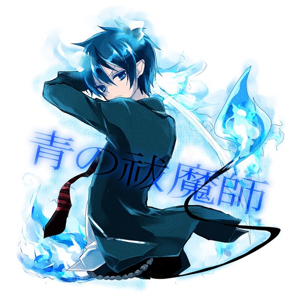Anime picture 1700x1700 with ao no exorcist a-1 pictures okumura rin highres short hair blue eyes simple background white background blue hair tail pointy ears demon tail boy necktie flame