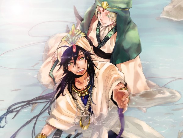 Anime picture 1285x976 with magi the labyrinth of magic a-1 pictures ja'far (magi) sinbad (magi) mizushima (artist) long hair open mouth black hair blonde hair green eyes yellow eyes outstretched arm freckles boy water headdress jewelry arabian clothes turban