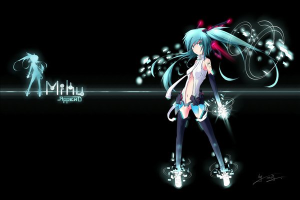 Anime picture 1600x1067 with vocaloid vocaloid append hatsune miku hatsune miku (append) twintails green eyes green hair black background girl