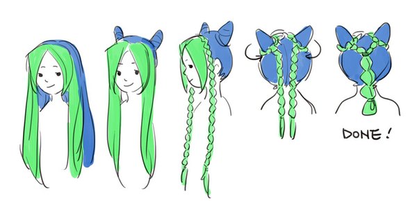 Anime picture 800x390 with jojo no kimyou na bouken kujo jolyne ginmu long hair simple background smile wide image white background blue hair braid (braids) profile multicolored hair green hair from behind two-tone hair hair bun (hair buns) twin braids text english multiple persona