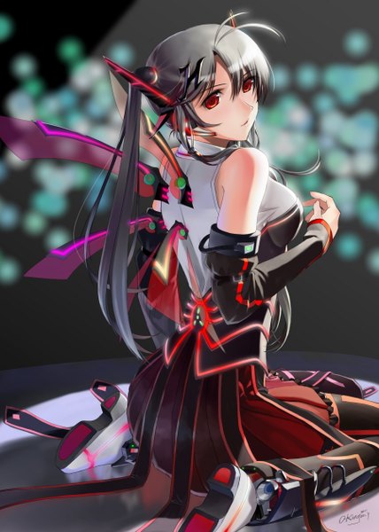 Anime picture 1800x2520 with okingjo single long hair tall image highres black hair red eyes twintails bare shoulders girl hair ornament detached sleeves wings boots suit