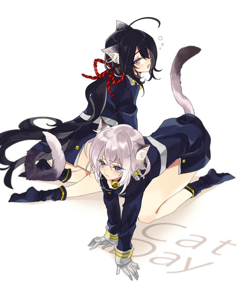 Anime picture 845x1056 with touken ranbu nitroplus honebami toushirou namazuo toushirou yosi kaw long hair tall image short hair blue eyes black hair standing sitting animal ears silver hair full body bent knee (knees) ponytail tail animal tail looking back