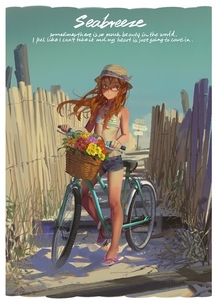 Anime picture 726x1024 with original alphonse (white datura) single long hair tall image looking at viewer blue eyes smile standing bare shoulders sky orange hair inscription bare legs bare belly shadow text standing on one leg english sand
