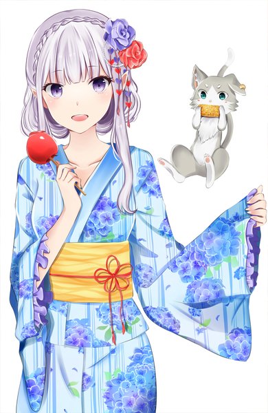 Anime picture 650x1000 with re:zero kara hajimeru isekai seikatsu white fox emilia (re:zero) puck (re:zero) chu (huaha1320) single long hair tall image looking at viewer blush open mouth simple background white background purple eyes silver hair traditional clothes japanese clothes hair flower floral print girl