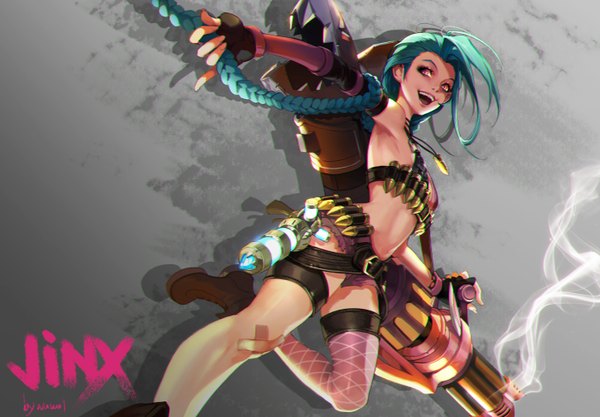 Anime picture 1450x1010 with league of legends jinx (league of legends) nawol single light erotic smile blue hair very long hair pink eyes smoke girl thighhighs weapon pendant bikini top