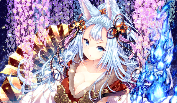 Anime picture 826x480 with granblue fantasy socie (granblue fantasy) kabocha usagi single long hair looking at viewer open mouth blue eyes wide image animal ears blue hair cleavage glowing girl hair ornament flower (flowers) fire