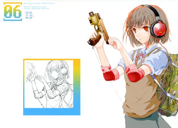 Anime picture 2810x2030 with original fuyuno haruaki highres short hair red eyes grey hair sketch girl weapon serafuku headphones gun bag backpack elbow pads racking slide semiautomatic