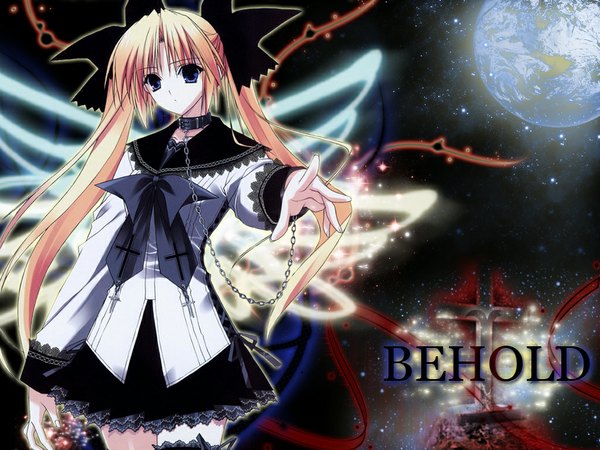 Anime picture 1024x768 with monochrome (game) yun (monochrome) suzuhira hiro muneera single long hair looking at viewer blue eyes blonde hair twintails outstretched arm third-party edit space girl chain collar cross planet earth