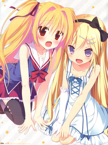 Anime picture 3946x5284 with irotoridori no sekai naka no hito nado inai nikaidou shinku amamoto rui shida kazuhiro nimura yuuji long hair tall image looking at viewer blush highres open mouth blonde hair red eyes purple eyes multiple girls absurdres scan girl thighhighs