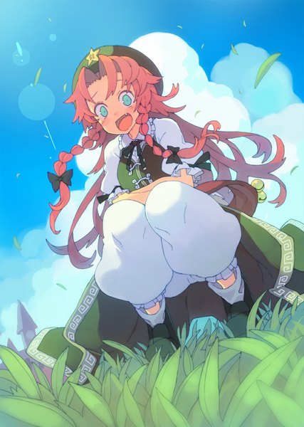 Anime picture 850x1193 with touhou hong meiling morino hon single long hair tall image looking at viewer blush open mouth blue eyes sky cloud (clouds) red hair braid (braids) sunlight from below twin braids crossed arms squat sunbeam