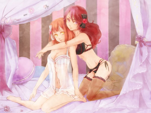 Anime picture 1280x960 with uta no prince-sama a-1 pictures nanami haruka (uta no prince-sama) shibuya tomochika cheri long hair looking at viewer short hair light erotic sitting purple eyes multiple girls yellow eyes red hair barefoot orange hair midriff hug underwear only kneeling