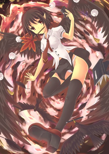 Anime picture 2480x3507 with touhou shameimaru aya tenhi tsukitori single tall image highres short hair light erotic black hair red eyes pointy ears mouth hold black wings girl thighhighs underwear panties black thighhighs animal wings