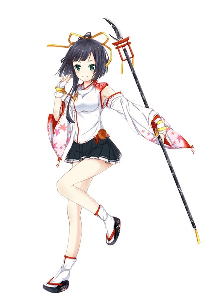Anime picture 1158x1638 with original ray-en single tall image looking at viewer short hair black hair simple background white background girl ribbon (ribbons) weapon hair ribbon detached sleeves