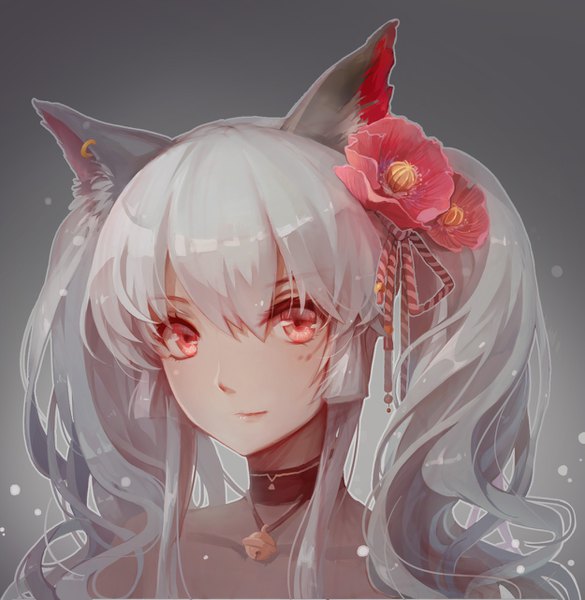 Anime picture 1250x1283 with original kuruma zen inu single tall image looking at viewer fringe simple background hair between eyes red eyes twintails bare shoulders animal ears silver hair hair flower cat ears grey background piercing ear piercing wavy hair close-up