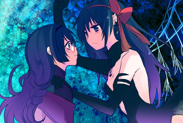 Anime picture 1000x676 with mahou shoujo madoka magica shaft (studio) akemi homura akuma homura momoko (palemon) long hair blush purple eyes multiple girls payot cleavage braid (braids) parted lips profile off shoulder tattoo eye contact dual persona demon hand on another's shoulder