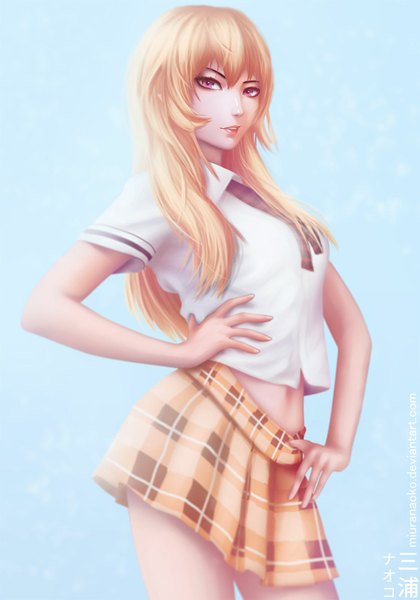 Anime picture 1120x1600 with shokugeki no soma j.c. staff nakiri erina miura-n315 miuranaoko single long hair tall image looking at viewer blush fringe blonde hair simple background standing signed parted lips pink eyes lips realistic teeth