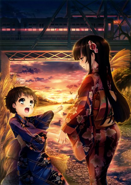 Anime picture 2339x3300 with original eshi 100-nin ten katagiri hinata long hair tall image blush highres short hair open mouth blue eyes black hair multiple girls traditional clothes japanese clothes hair flower scan official art evening sunset pointing