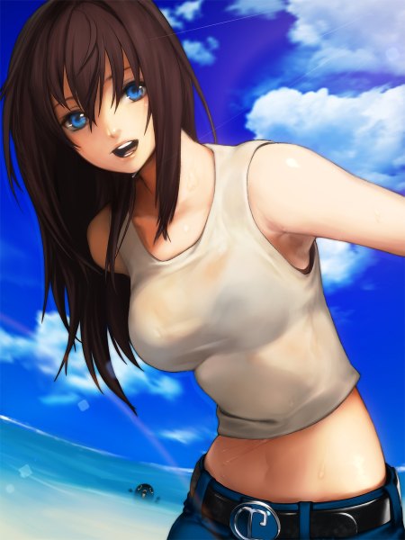 Anime picture 900x1200 with mahou tsukai no yoru aozaki aoko simuka (kazakami) single long hair tall image looking at viewer open mouth blue eyes brown hair bare shoulders wet shiny skin transparent girl animal water belt sea bird (birds)