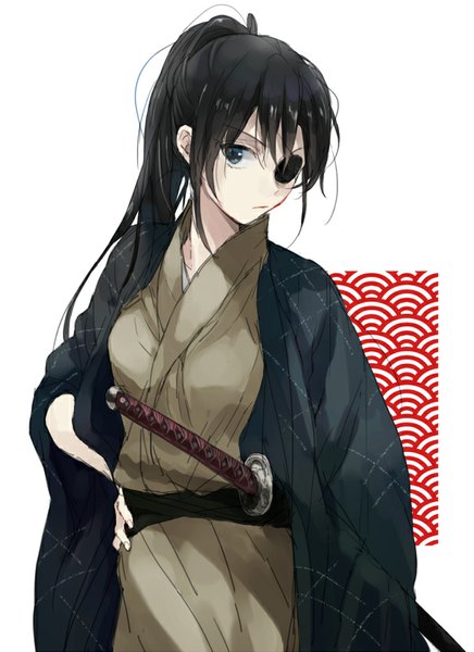 Anime picture 604x831 with gintama sunrise (studio) yagyuu kyuubei urahara single long hair tall image looking at viewer black hair simple background white background ponytail traditional clothes japanese clothes black eyes hand on hip seigaiha girl weapon sword