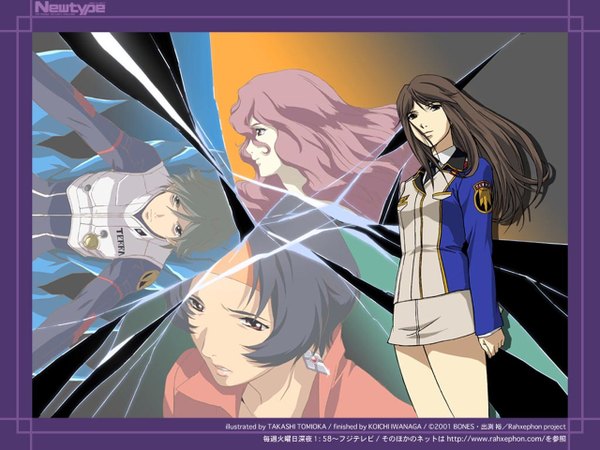 Anime picture 1280x960 with rahxephon studio bones mishima reika kisaragi quon shitou haruka long hair short hair black hair brown hair pink hair wallpaper skirt uniform earrings headband jewelry