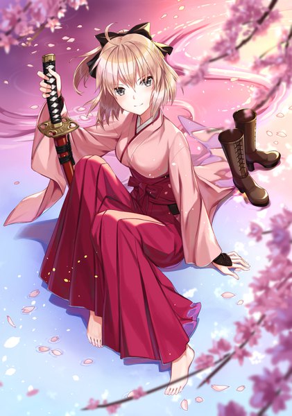 Anime picture 1000x1426 with fate (series) koha-ace okita souji (fate) (all) okita souji (koha-ace) jh single tall image looking at viewer blush fringe breasts blonde hair smile hair between eyes sitting holding full body ahoge bent knee (knees) outdoors