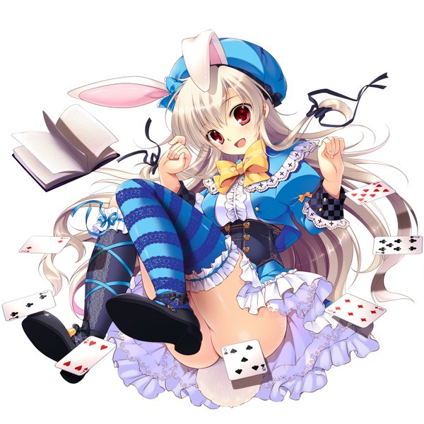 Anime picture 1500x1500 with original mikeou single long hair open mouth light erotic red eyes animal ears white hair bunny ears girl thighhighs dress frills striped thighhighs card (cards)
