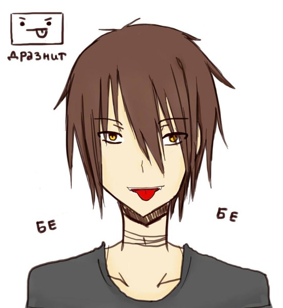 Anime picture 943x1024 with tagme (artist) single tall image looking at viewer fringe short hair simple background brown hair white background yellow eyes parted lips light smile inscription teeth fang (fangs) face boy choker tongue t-shirt