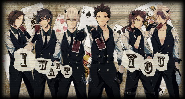 Anime picture 1500x800 with sengoku basara production i.g poker face (vocaloid) date masamune sanada yukimura motochika chousokabe mitsunari ishida motonari mouri tokugawa ieyasu shk short hair blue eyes black hair blonde hair red eyes brown hair wide image standing purple eyes brown eyes