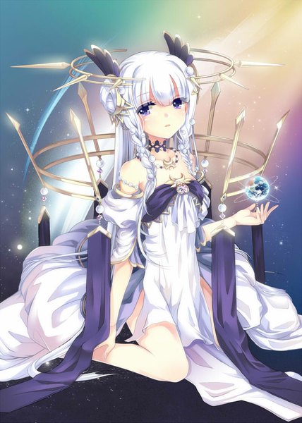 Anime picture 800x1120 with original sian (jred344) single long hair tall image looking at viewer open mouth blue eyes bare shoulders white hair braid (braids) girl dress hair ornament
