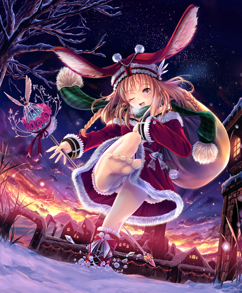 Anime picture 1200x1451 with original soraizumi long hair tall image light erotic blonde hair holding brown eyes animal ears sky cloud (clouds) one eye closed barefoot wink night from below bunny ears pantyshot legs evening