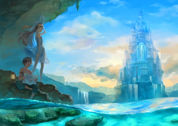 Anime picture 1216x860 with original kato ayaka long hair short hair open mouth standing sitting sky cloud (clouds) couple undressing soaking feet waterfall shirtless girl dress boy ribbon (ribbons) hat animal