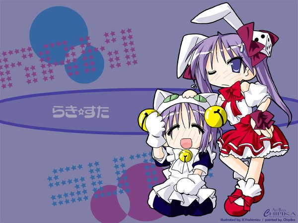 Anime picture 1024x768 with lucky star di gi charat kyoto animation madhouse hiiragi kagami hiiragi tsukasa usada hikaru rabi en rose dejiko yoshimizu kagami animal ears cat ears bunny ears wallpaper cosplay usada hikaru (cosplay) girl dice dejiko (cosplay)