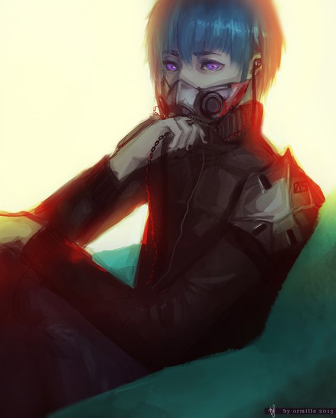 Anime picture 1500x1865 with original dotentity single tall image short hair simple background sitting purple eyes signed blue hair boy headphones chain respirator