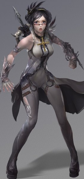 Anime picture 639x1358 with league of legends vayne (league of legends) liurui (artist) single tall image looking at viewer short hair open mouth blue eyes black hair simple background bare shoulders grey background girl gloves hair ornament weapon glasses fingerless gloves pendant