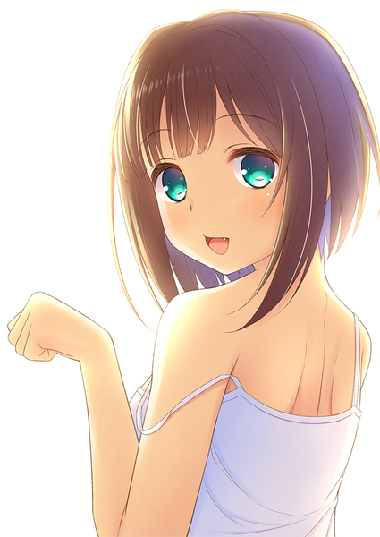 Anime picture 800x1130 with idolmaster idolmaster cinderella girls maekawa miku umihotaru harumare single tall image looking at viewer blush fringe short hair open mouth simple background brown hair white background bare shoulders green eyes looking back fang (fangs) shiny skin bare back